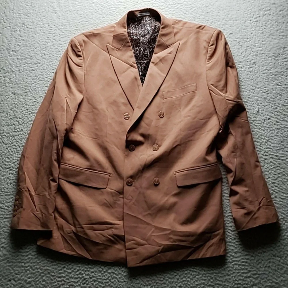 Vinci Philosophy Suit Jacket Mens 48 Beige Double Breasted Stretch Peak Lapel